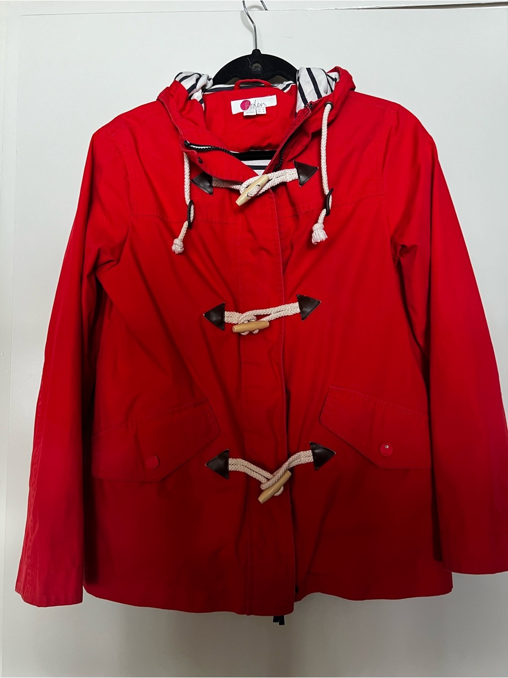 Boden Red Canvas Toggle Hooded Duffle Jacket Striped Lined Size US 4